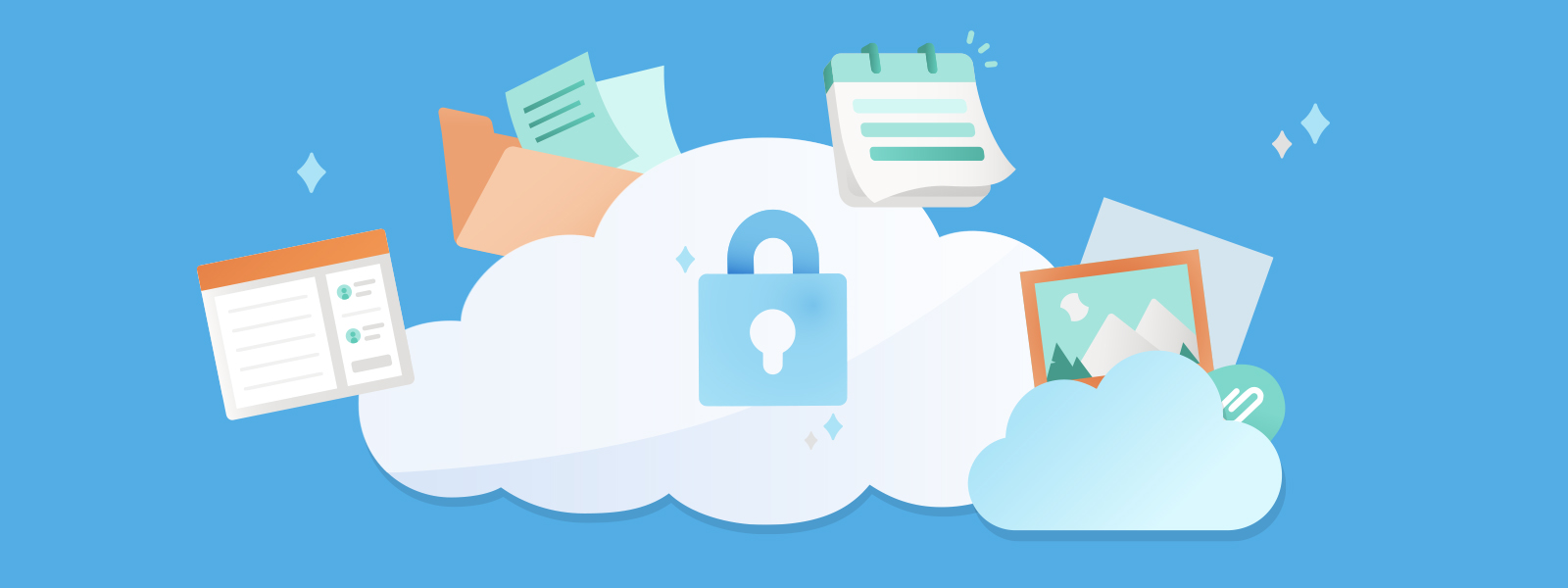 a locked cloud with files, calendar, and photos.