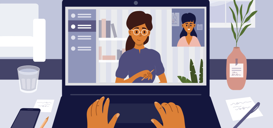 Animated image of interviewer and interviewee on a virtual call