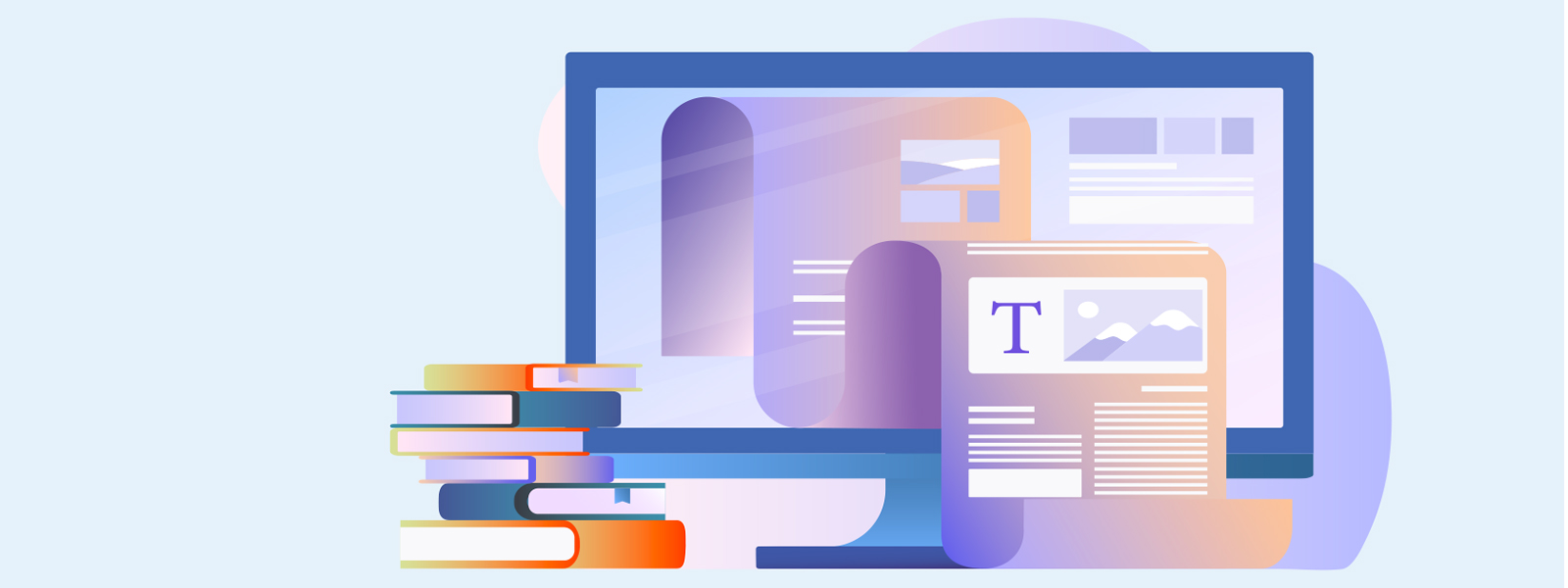 A graphic of a pile of textbooks in front of a computer screen.