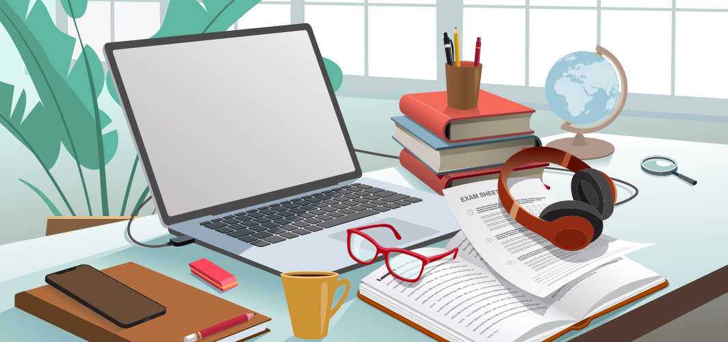 A graphic of a desk depicting a student studying for a college exam.