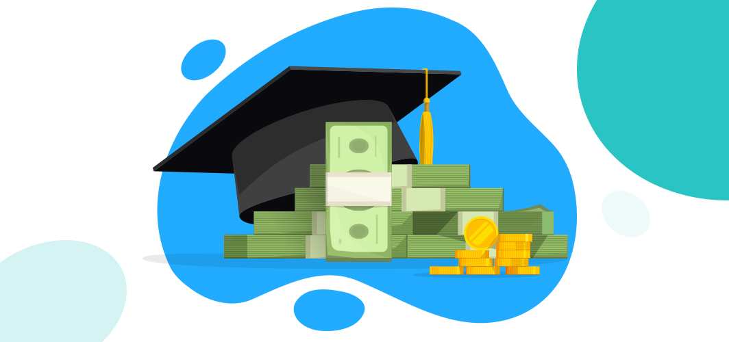 A graphic of a college graduation cap surrounded by money.