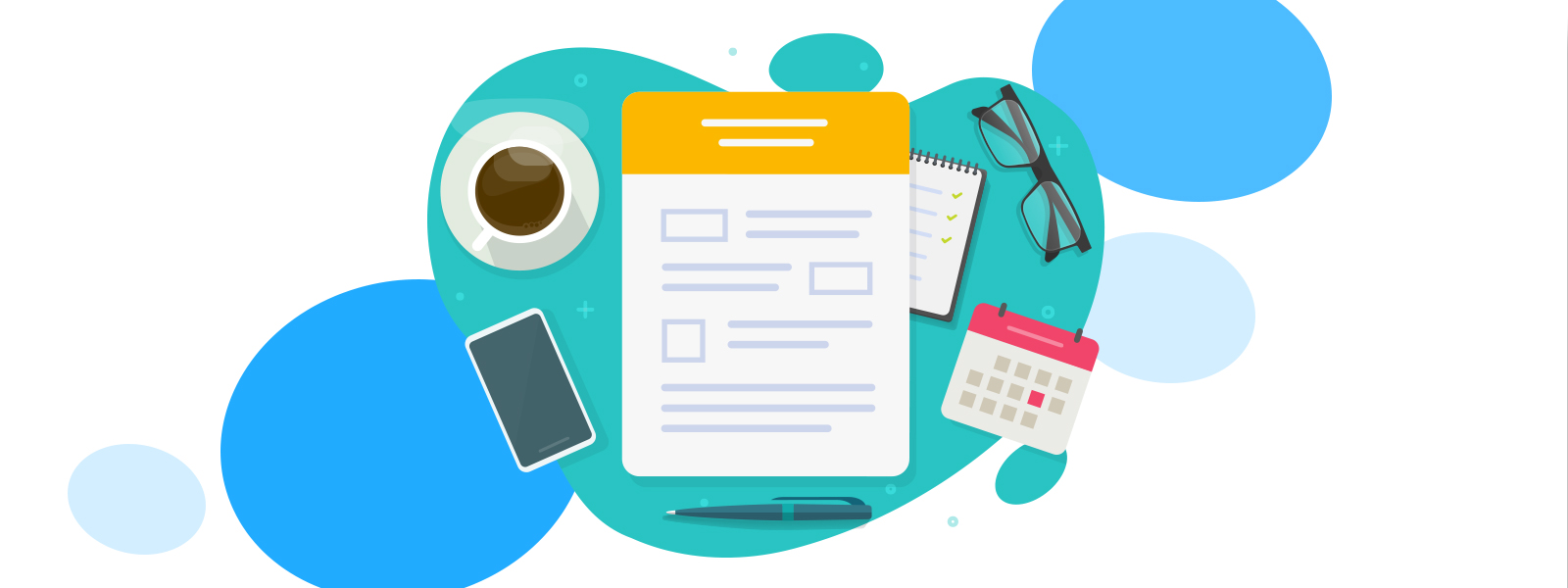 A top down graphic of a college grant application at a coffee shop.